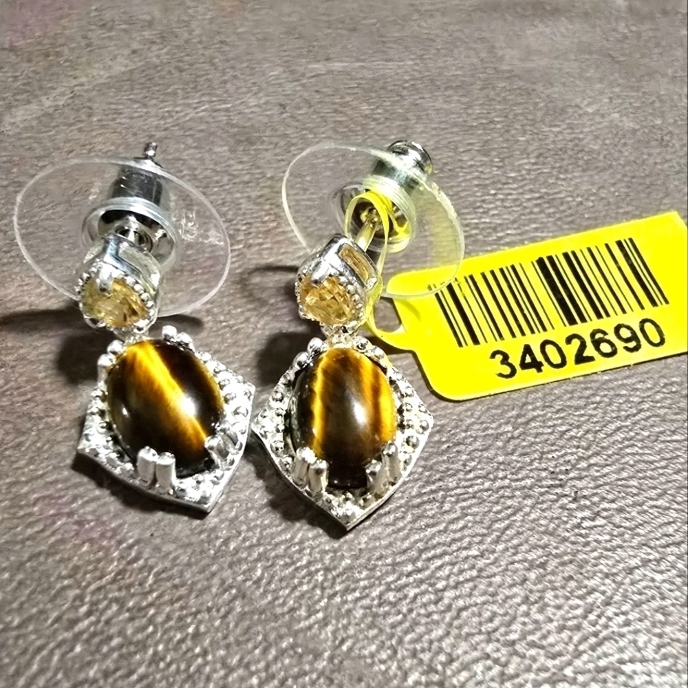 Brazilian Citrine & South African Tigers Eye Earrings 925 Sterling Silver NWTS